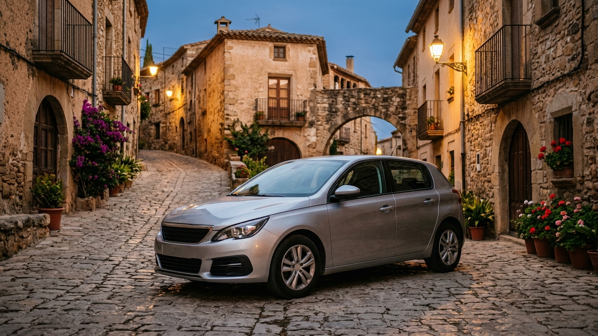 Realistic editorial photo: a silver compact five-door hatchback parked on a cobbled street of a Spanish old town at dusk, warm street lamps, seen from the front three-quarter angle - seguro seat leon mejor seguro para seat leon en espana 2026 | Tuio